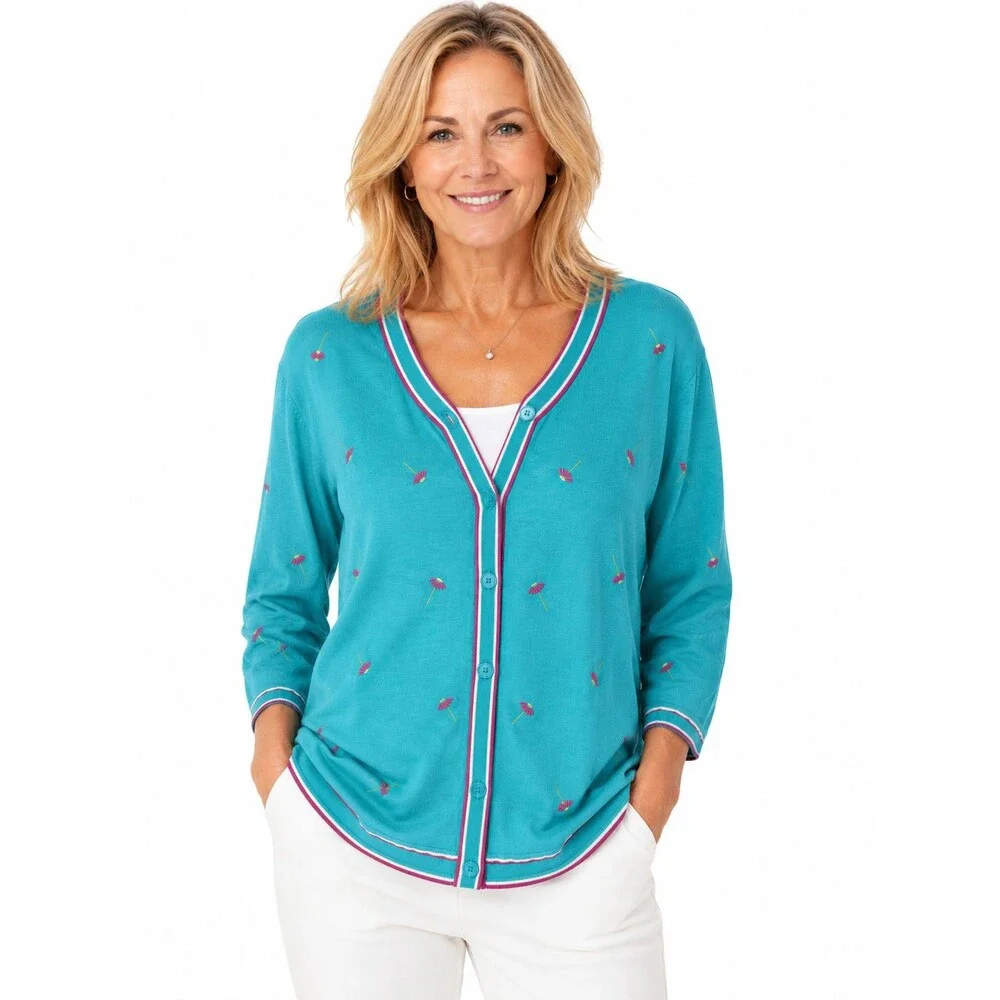 Quacker Factory Cardigan Sweater Size 1x Daisy Floral Embroidery Blue Pink Silk
